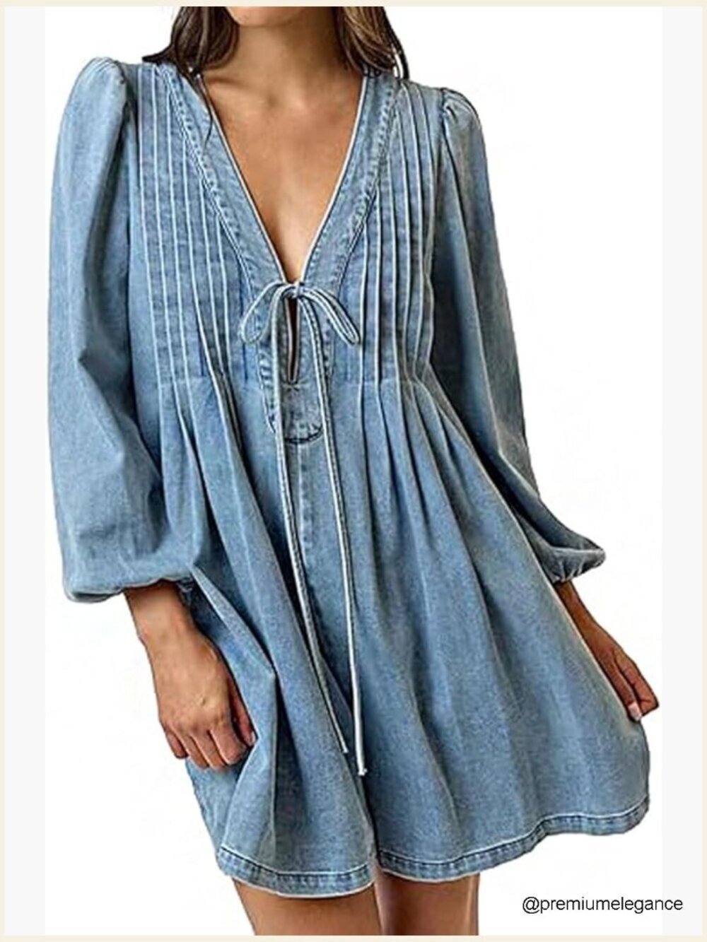 Denim Romper Overall Shorts Deep V Neck Puff Sleeve Pleated Tie Front Jumpsuit